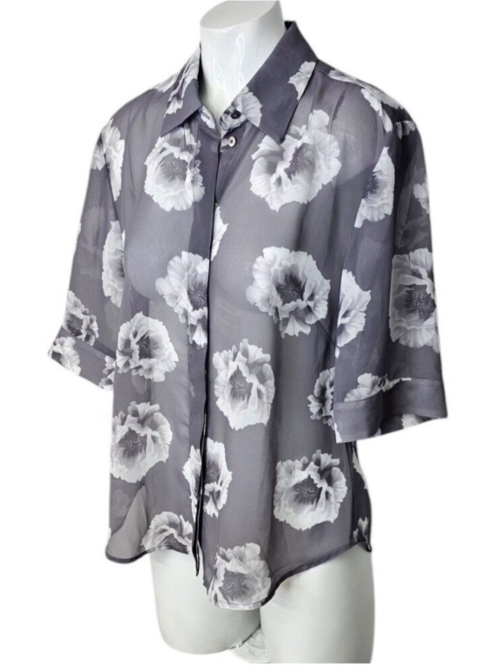 Aritzia Gray Sheer Floral Button-Up Blouse